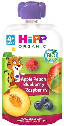 HiPP Biológico - Bolsita Multifrutas - Pouches Tigre de Melocotón, Manzana, y Frutos del Bosque BIO - 100g - Sin Azúcar Añadido - Apto Para Bebés A Partir de los 4 Meses