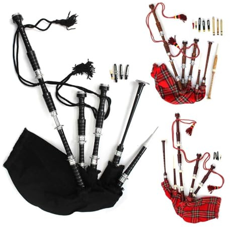 Scottish Great Highland Bagpipe Black Plain Full Silver Mount Utility Tartan, Red And Brown Royal Stewart Tartan Bagpipe With Free Carry Bag & Free Practice Chanter