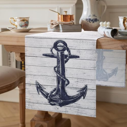Tischläufer Grau Streifen Maritimes Nautische Thema 40 x 140 cm Tischläufer Anker Modern Bauernhaus Leinen Wohnzimmer Dekorativ Drinnen und Draußen für Esstisch Party Hochzeit