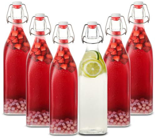 Danmu Art 6Pcs 1L Glass Bottles with Clip Swing Top Top Lids - Square - Brewing Bottles Airtight Preserve Bottles for Home Wine Cider Soda, Vanilla Extract - 1 liter (6)