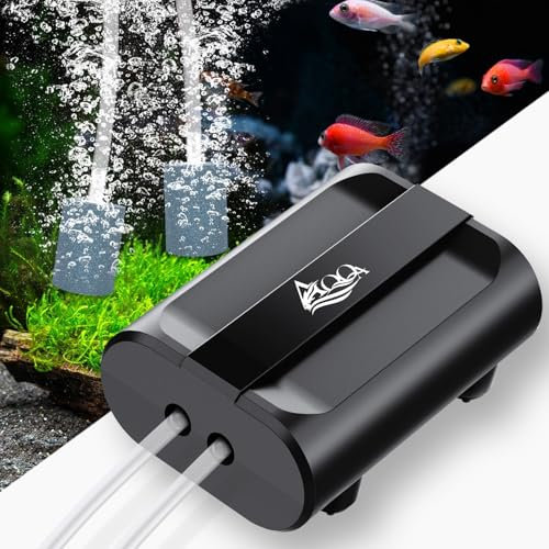 AQQA Aquarium Luftpumpe,Einstellbar Aquarium Sauerstoffpumpe mit 2 Luftauslässen,3.5W Ultra Leise Sauerstoffpumpe für Aquariums,Aquariums Luftpumpe mit komplett Zubehör,bis zu 500L
