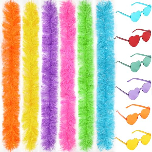 LACGO 12 boa di piume colorate con occhiali, boa artificiali soffici, decorazione per travestimento da donna, occhiali da sole senza montatura a cuore, accessori per feste per ragazze, balli,