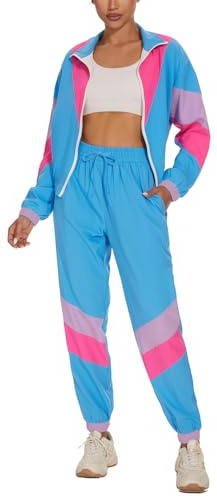 UOUA Women's Color Block 2 Piece 80s 90s Outfits Long Sleeve Windbreaker Jacket Tracksuit Set