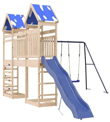 vidaXL Spielturm, Klettergerüst mit Brücke Rutsche Schaukeln Kletterwand, Kinder Kletterturm Spiel-Zubehör für Garten, Holz Spielplatz Spielhaus, Massivholz Kiefer
