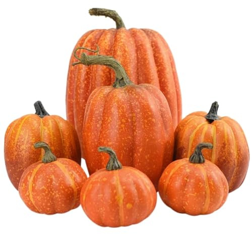 Hanoxe 7PCS Pumpkins White Orange, Fall Artificial Pumpkins for Decoration Different Sizes, Thanksgiving Autumn Harvest DIY Foam Pumpkin (A-7PCS)