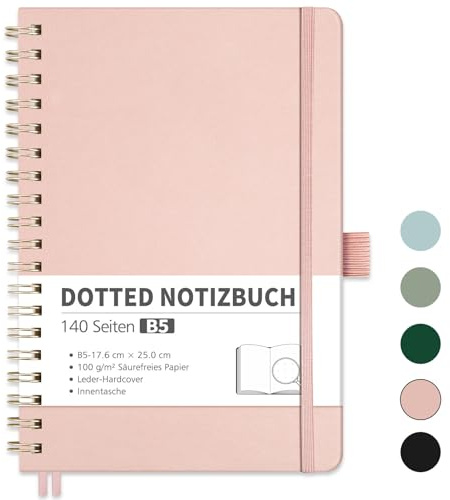 RETTACY Notizbuch B5 Dotted, Bullet Dot Journal mit 100 g/m² Dickem Papier, 70 Blatt, Notebook für Büro und Schule, Lederhülle, Roségold, 17.6 cm x 25 cm