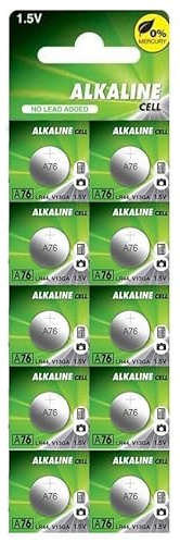 LR44 A76 Alkaline Batterien, quecksilberfrei, 10 Stück, Größe 11,60 x 5,40 mm, 1,5 V, Kapazität 110 mAh.