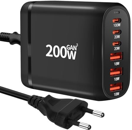 200W Caricatore USB C Multiplo, 6-Port Caricatore Multiplo USB C,100w Laptop Caricabatterie PPS PD QC Alimentatore GaN, Stazione di Ricarica USB Multipla per MacBook,Samsung,iPhone,Huawei