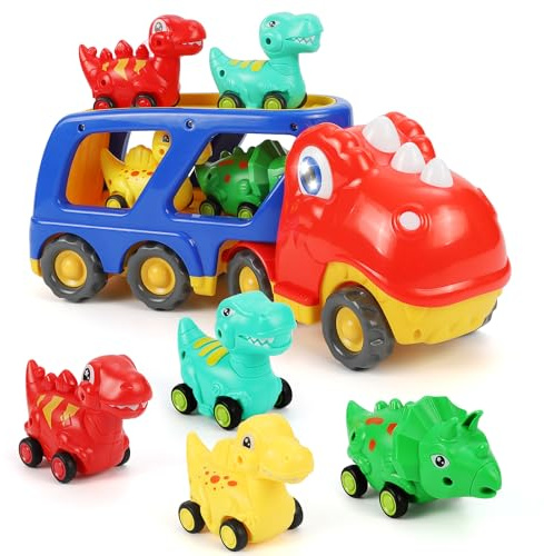 Weinsamkeit Dinosaurier LKW Spielzeug mit Brüllen Sound, 5 in 1 T-Rex Autotransporter Dinosaurier Spielzeug ab 3 4 5 Jahre, Dino Spielzeugautos Geschenke für Kinder Kleinkinder Mädchen Junge (Rot)