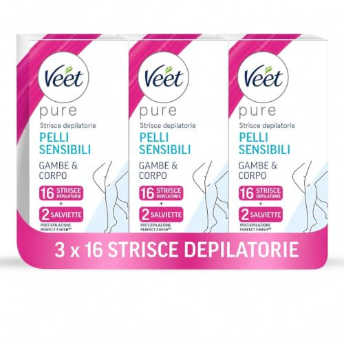 Veet Strisce Depilatorie Gambe e Corpo, Ipoallergeniche e Dermatologicamente Testate, 48 Strisce (3 confezioni da 16 Strisce) + Salviette Post-Epilazione Idratanti
