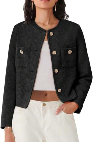Juankrynord Veste d'affaires en tweed décontractée à manches longues et col rond roulé pour femme blazer décontracté boutonné avec poches printemps 2025 (Noir,M)
