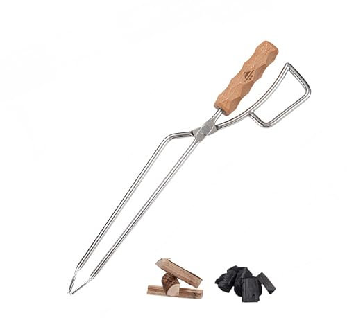 Campingmoon - Pinzas para chimenea, 41,5 cm de largo, de acero inoxidable, con mango de haya a prueba de fuego, pinzas de fuego y pinzas para barbacoa, ideales para exteriores, camping y barbacoas