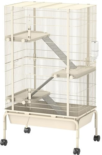 PawHut Freigehege Kleintiergehege mit 3 Rampen, ausziehbarem Tablett Kleintierkäfig mit Futterschale, Wasserflasche Gehege für Kleintiere, Hamster, Chinchilla, Eichhörnchen, 69 x 44 x 120 cm Beige