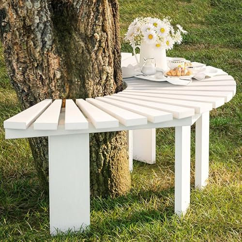 Yopappol Baumbank für Umwickeln, Gebogene Terrassenbänke aus Holz, Gartenmöbel, wetterfeste Sitzfläche aus Massivholzlatten für Garten, Veranda, Rasen, Park(Weiß,Half Round)