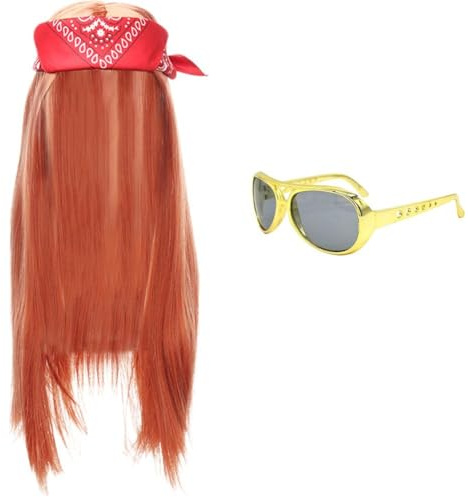 Zghhc Rocker Wig Headscarf and Sunglasses Set, Punk Gothic Rocker Costume Accessories with Sunglasses Red Bandana Wig 70s 80s Fancy Dress for Men Women