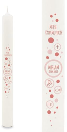 GRAVURZEILE Vela de varilla impresa – Círculos – Personalizado con nombre y fecha – Regalo para bautizo, comunión o confirmación – para niños y niñas – Vela altar 400/40 mm – Color: Rojo