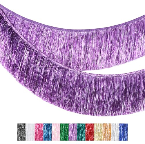 MORAINJAY Lila Lametta Fransen Girlande, 20x200cm Metallic Foil Fringe Garland Lametta Glitzer Vorhang für Parade Floats, Verlobung Hochzeit, Weihnachten, Geburtstagsparty, Halloween Partydekor