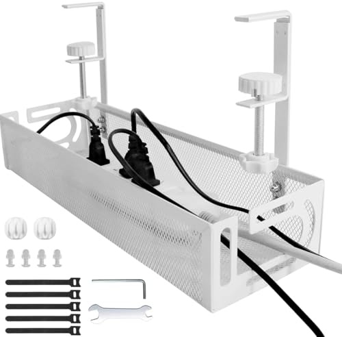 Under Desk Cable Management Tray. Ideal Cord Management Solution for Home Office. No Drill - clamp on Metal mesh Wire Organiser for a Clean, Clutter-Free workspace. White, Metal, 39cm x 12cm x 7cm.