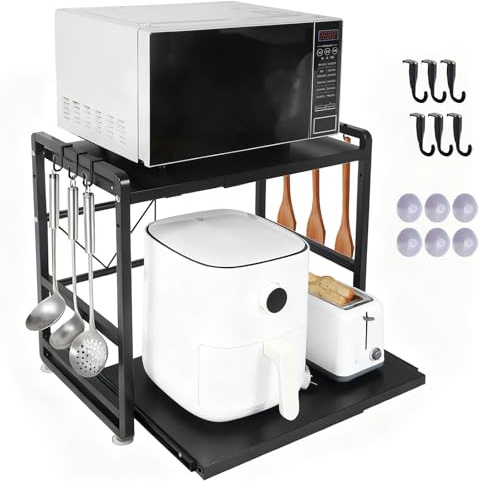 piorlado 2-Tier Microwave Rack - Height Adjustable & Extendable Kitchen Shelf with Drawer - Includes Hooks & Reinforcement Suction Cups - Easy Assembly (Black)