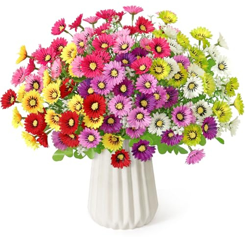 ASTNIC 4 Bündel Gänseblümchen Kunstblumen für Außen, Künstliche Blumen Wetterfeste UV-beständig Künstliche Pflanzen Seidenblumen Wie Echt Blumenstrauß für Draußen, Garten, Hängend, Balkon Deko