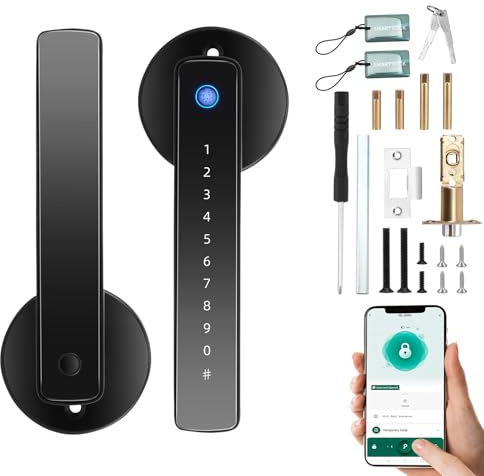 Fingerprint Door Lock, 5 in 1 Smart Door Lock Electronic Smart Door Handle Keyboard Password Bluetooth Lock Digital Auto Lock Biometric Lock with APP IC Cards for Bedroom Office Apartment (Black)
