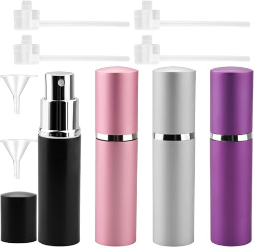SeeHoo 10ML Perfume Atomizer Set - 4PCS Mini Refillable Spray Bottles for Travel, Purse & Handbag (Black, Silver, Pink, Purple) - Portable Scent Dispenser
