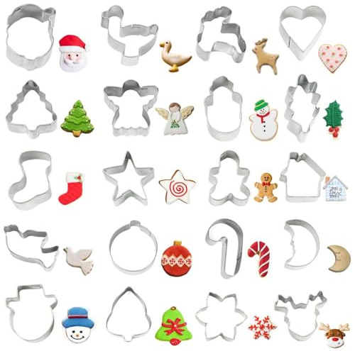 JRYXDS Weihnachts Ausstechformen Set, 20 Stück Mini Weihnachts Ausstechformen, Keksausstecher Weihnachten Edelstahl,Lebkuchenmann,Baum,Schneeflocke,Zuckerstange,Weihnachtsmann,Schneemann,Rentier Und M