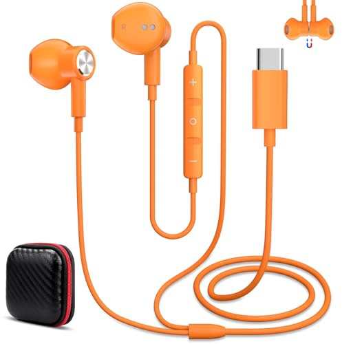 Auriculares USB C con Cable y Microfono para OnePlus 15 Nord CE5 Open Pad | Auriculares USB Tipo-c con Control Volumen para oppo Find X9 Pro Reno14/Xi-aomi 17 15T 14T Pro/iP-hone 17 Air16e 15, Naranja
