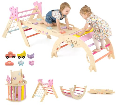 COSTWAY Toddler Climbing Frame, Kids Wooden Climber Toys Set with Arch, Reversible Ramp, Indoor Montessori Play Gym for Boys Girls 3 Years Old+ (7 in 1 Unicorn-Themed, Colorful)