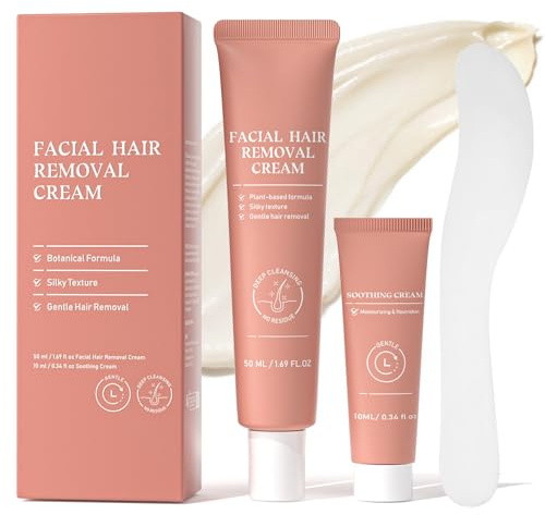 Facial Hair Removal Cream for Women, 2-in-1 Gentle Face Hair Removal Cream with Soothing Cream, Depilatory Creams for Sensitive Skin, Face Chin Upper Lip Hair Remover for Smooth Soft Skin, 2.03 Fl Oz