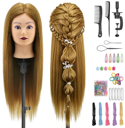 Yekavo 26-28 inch Hairdressing Head with Human Hair,90% Real Hair Braiding Cosmetology Manikin Head with Mannequin Head Table Clamp Stand,Training Hair Dressing Doll Head for Hair Styling Practice
