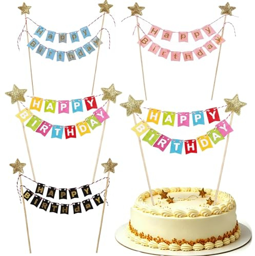 4 Stück Happy Birthday Tortendeko,Cake Topper Banner,Wimpelketten Happy Birthday Tortenstecker Set zum Jungen Mädchen,für Geburtstag für Partys, Babypartys, Hochzeiten, Geburtstage