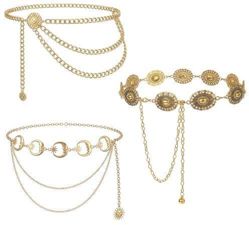 HJZHII 3 Stück Taillenkettengürtel, Verstellbare Bauchkette Kettengürtel | Gold Goldfarbene Taillenkette Waist Chain Kleidergürtel Taillen Kette Boho Taillenschmuck für Kleider und Jeans