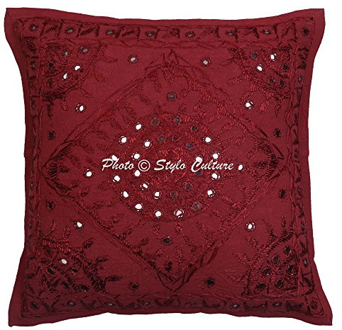 Stylo Culture Bohemio Fundas Almohadones Decorativa 40x40 cm Algodón Espejado Fundas para Cojines Sofa Granate 16x16 Inch Bordado Cuadrado sobre Funda Cojin Silla - 1 Pc