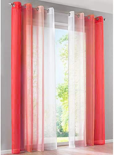 SIMPVALE Gardinen mit Ösen Farbverlauf 2er Set, Vorhang Transparent für Wohnzimmer Kinderzimmer Mädchenzimmer, Lichtdurchlässig Ösenschals Voile Weiß Rot Breite 140 Höhe 145 pro Stück