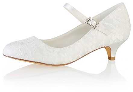 Emily Bridal 011-25 bröllopsskor för kvinnor stängd tå 4,5 cm kattunge klack spets satin pumpar med spänne brudskor, Elfenben, 36.5 EU