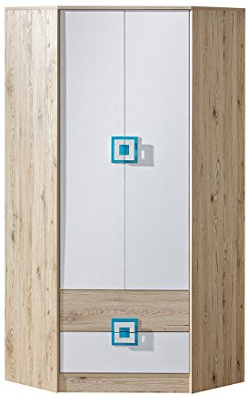 Mirjan24 Nicola NA02 - Armadio angolare con maniglie colorate, con 4 ripiani, appendiabiti e 2 cassetti, armadio ad angolo (rovere chiaro/bianco + turchese)