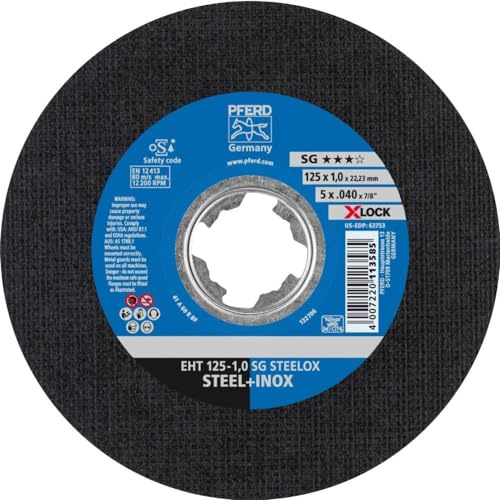 PFERD Discos de corte, 25 unidades, 125 x 1,0 mm, recto, X-LOCK (22,23 mm), SG STEELOX, 61341113 – para cambio rápido y cómodo de herramientas, ancho de 1,0 mm
