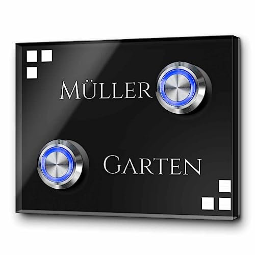 Doppel-Türklingel mit individueller Gravur | Klingel Modell Wagner ab 9x7 cm - für zwei Familien | mit 2 Premium LED Klingelknöpfen Taster | Klingelschild in Hochglanz Optik schwarz oder anthrazit