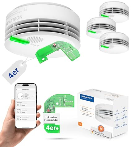 Hekatron Genius Plus X Rauchmelder vernetzt mit Funkmodul Basis X – 4 Stück | 10 Jahre Batterie – Testsieger Stiftung Warentest – made in Germany – Funkrauchmelder Set – mehrsprachig