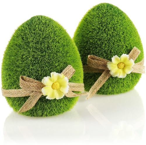 com-four® 2x decorative Easter egg with bow and flowers, green ceramic ornament with artificial grass for spring and Easter (2x Egg - 11cm)