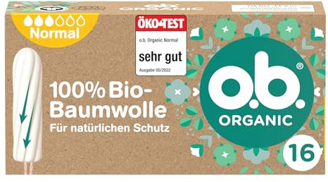 o.b. Organic Normal 16 Stück, Tampons aus 100Prozent Bio Baumwolle mit geschwungenen Rillen für mittlere/stärkere Tage, von Öko-Test sehr gut bewertet*, für zuverlässigen Schutz während der Periode