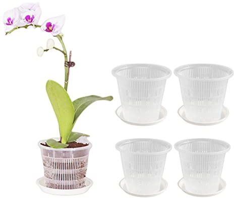 XZJMY Lot de 5 Pots à orchidées de 11,9 cm avec Trous et soucoupes – Pots à orchidée en Plastique Transparent Respirant à Fentes (Blanc)