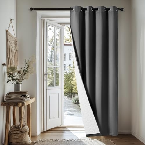 Deconovo Blackout Curtain 95 Inch Drop, Thermal Curtain with Extra Thick Microfiber Lining, Solid Windproof Eyelet Curtain for Door Living Room, 55x95 Inch(Width x Length), Dark Grey, 1 Panel