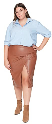 TRENDYOL Midi Mujer, Falda de Tubo Tejida de Talla, marrón, 50 Grande
