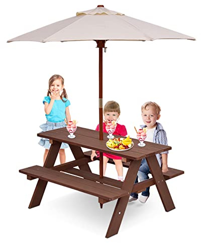 GOPLUS Kindermöbel, aus Tannenholz, Picknicktisch mit Bank für Kinder, mit Sonnenschirm, Kindersitzgruppe für 4 Kleinkinder, Geeignet für drinnen & draußen, Garten, Balkon, Strand (Modell 2)
