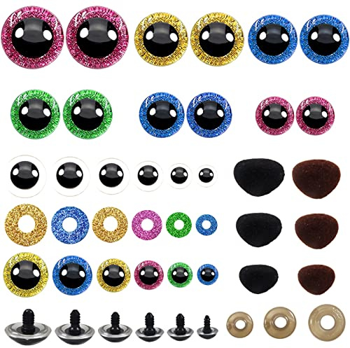 TOAOB 72 Set Sicherheitsaugen für Häkeltiere 12-30 mm Glitzer Bunt | Knopfaugen mit Nasen und Unterlegscheiben, für Amigurumi Basteln, Puppenaugen Teddyaugen für DIY Kreative Handwerk