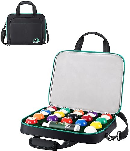 PEKREWS Pool Ball Case, Padded Billiard Carrying Bag Travel Storage Box with Carry Handle and Shoulder Strap, Holder for One Set of Billiards Balls 2-1/4'' and Accessories, Black (Bag Only)