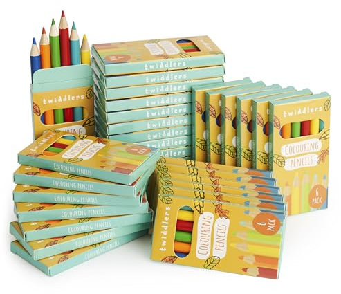 THE TWIDDLERS 30 Boxen mit Mini Buntstiften – 6 Bleistifte pro Box, Insgesamt 180 – leicht zu greifender runder Schaft, 9cm Länge, Multipack für Partytüten für Kindergeburtstage (30 x 6er Packs)