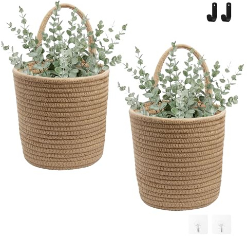 Defined Deco 2 Pack Jute Hanging Basket, Hanging Rope Basket with 4 hooks, Flower Plants Wall Basket Decor Set, Rustic Woven Basket Organizer, Boho Wall Decor for Living Room, Bedroom, Bathroom